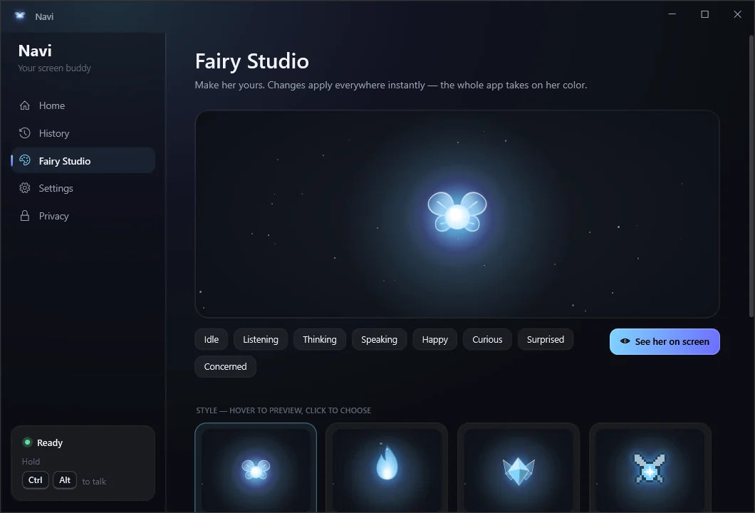 HeyNavi Fairy Studio, where you pick your guide's style and color