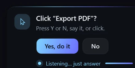 A HeyNavi card asking: Click Export PDF? Yes, do it or No